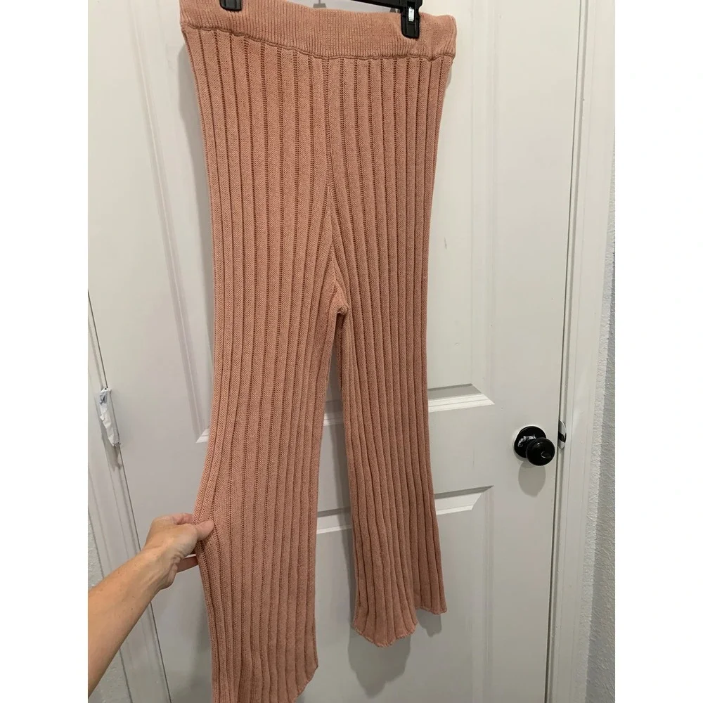 Free People Beach Rib Knit Wide Leg Pants Dusty Rose Pink XL Boho Loungewear